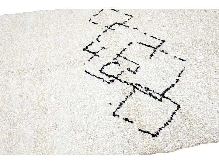 Ivory Modern Moroccan Handmade Minimalism Center Design Wool Rug
