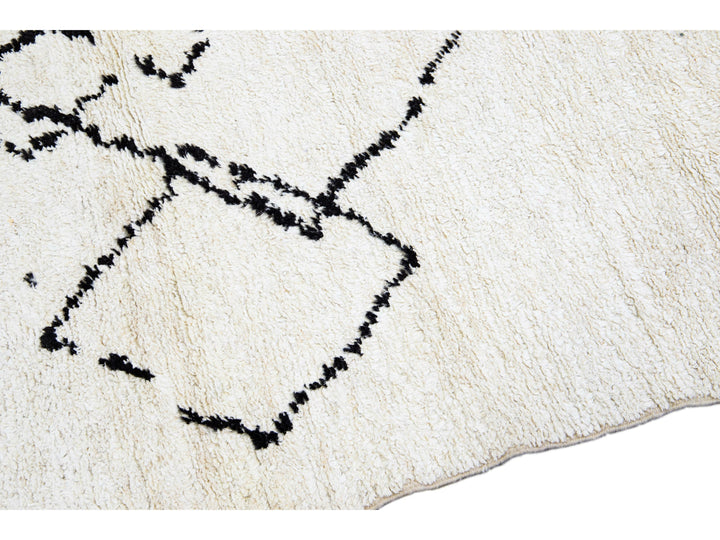 Ivory Modern Moroccan Handmade Minimalism Center Design Wool Rug