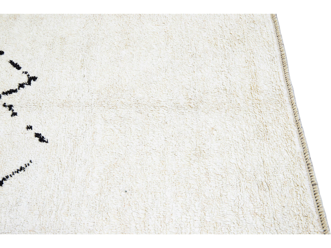 Ivory Modern Moroccan Handmade Minimalism Center Design Wool Rug