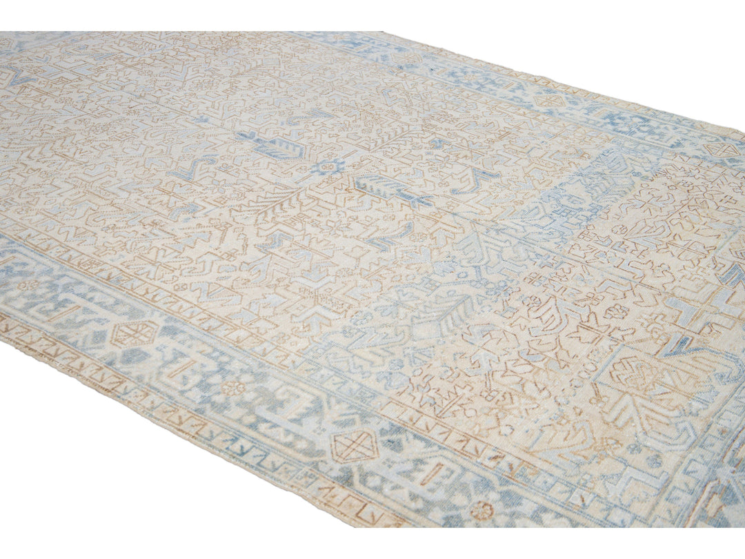 Antique Persian Heriz Handmade Geometric Beige and Blue Wool Rug