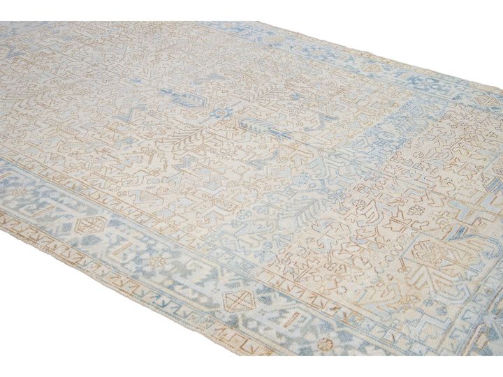 Antique Persian Heriz Handmade Geometric Beige and Blue Wool Rug
