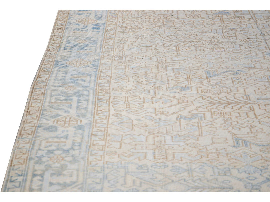 Antique Persian Heriz Handmade Geometric Beige and Blue Wool Rug
