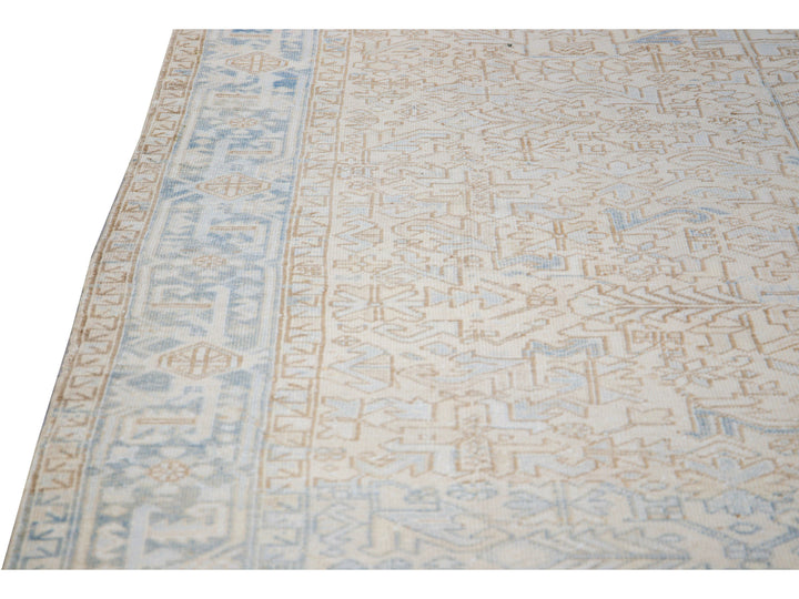 Antique Persian Heriz Handmade Geometric Beige and Blue Wool Rug