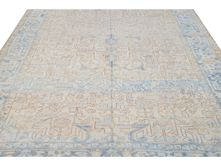 Antique Persian Heriz Handmade Geometric Beige and Blue Wool Rug
