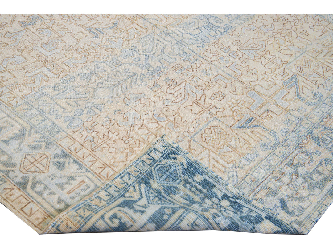 Antique Persian Heriz Handmade Geometric Beige and Blue Wool Rug