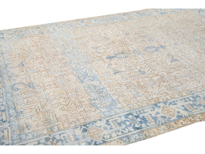 Antique Persian Heriz Handmade Geometric Beige and Blue Wool Rug