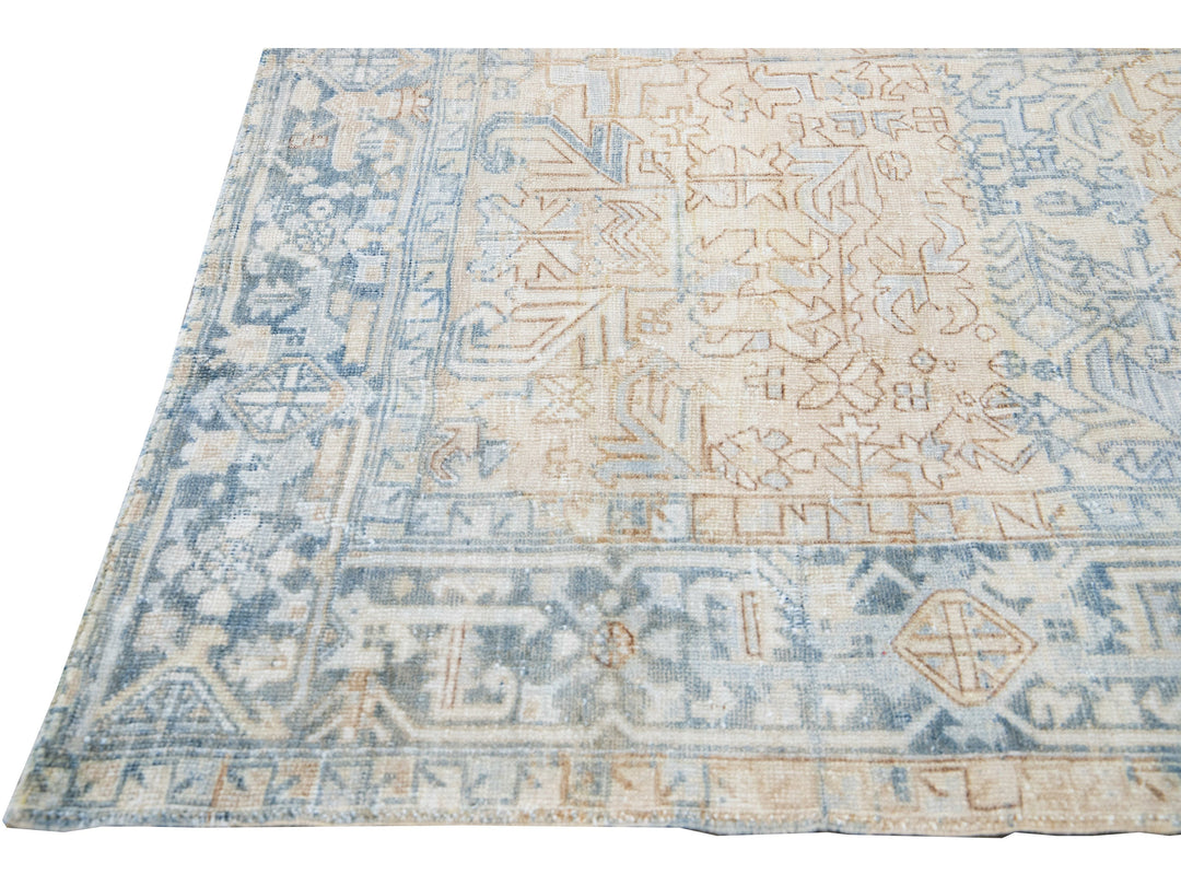 Antique Persian Heriz Handmade Geometric Beige and Blue Wool Rug