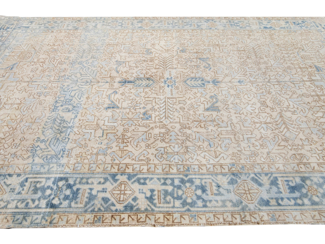 Antique Persian Heriz Handmade Geometric Beige and Blue Wool Rug