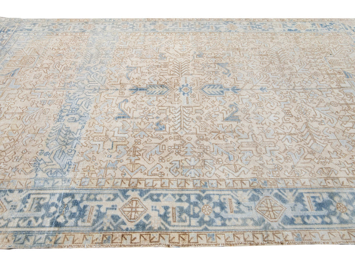 Antique Persian Heriz Handmade Geometric Beige and Blue Wool Rug