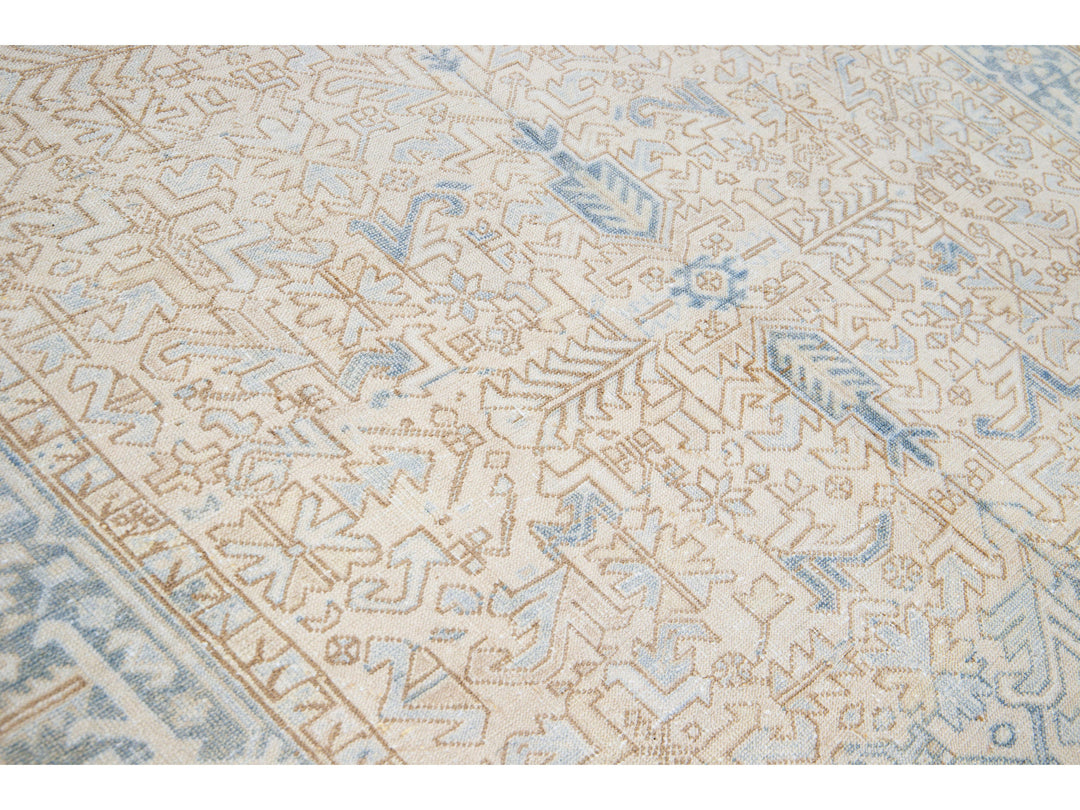 Antique Persian Heriz Handmade Geometric Beige and Blue Wool Rug