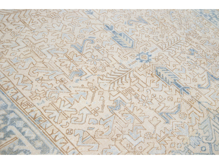 Antique Persian Heriz Handmade Geometric Beige and Blue Wool Rug