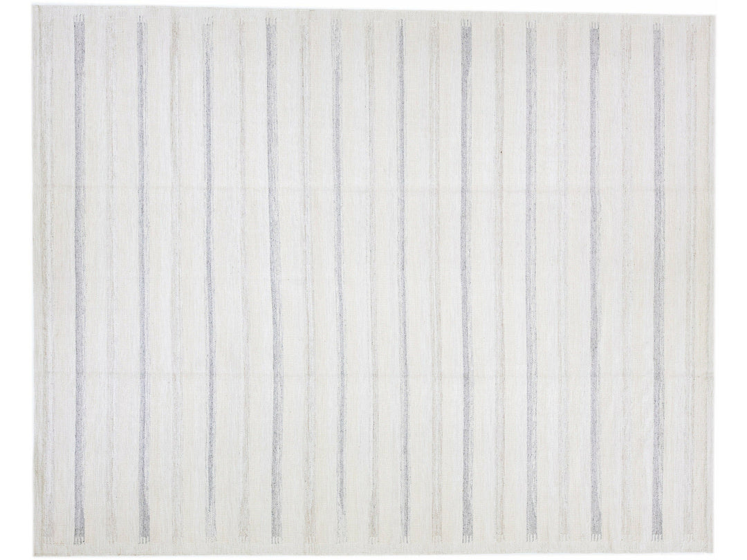 Modern Swedish Style Handmade Beige And Gray Wool Rug With Striped Design