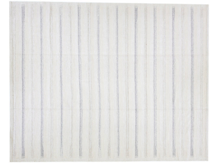 Modern Swedish Style Handmade Beige And Gray Wool Rug With Striped Design