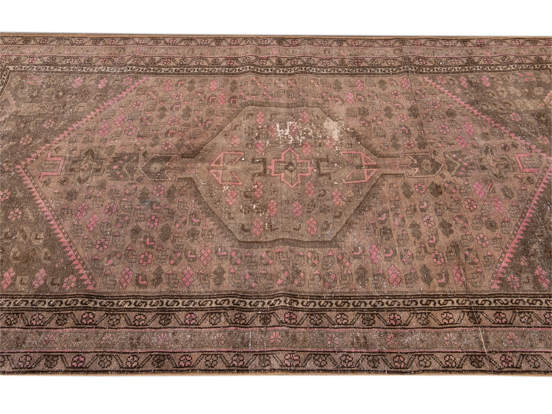 Vintage Persian Distressed Brown and Pink Handmade Wool Rug