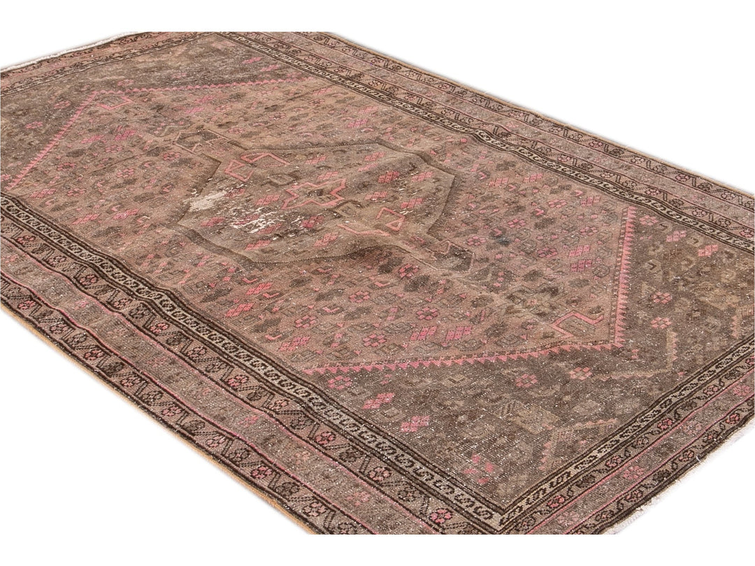 Vintage Persian Distressed Brown and Pink Handmade Wool Rug