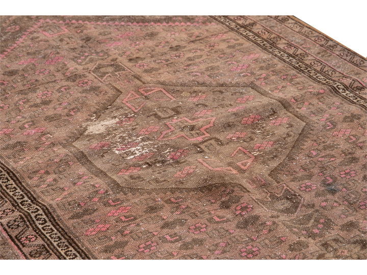 Vintage Persian Distressed Brown and Pink Handmade Wool Rug