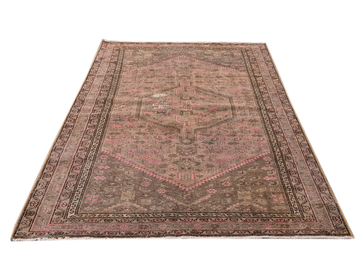 Vintage Persian Distressed Brown and Pink Handmade Wool Rug
