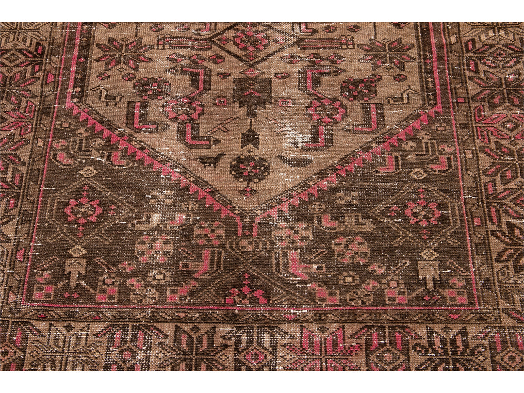 Vintage Shabby Chic Handmade Brown Geometric Wool Rug