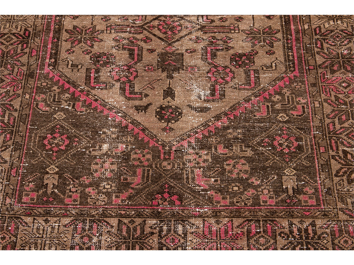 Vintage Shabby Chic Handmade Brown Geometric Wool Rug