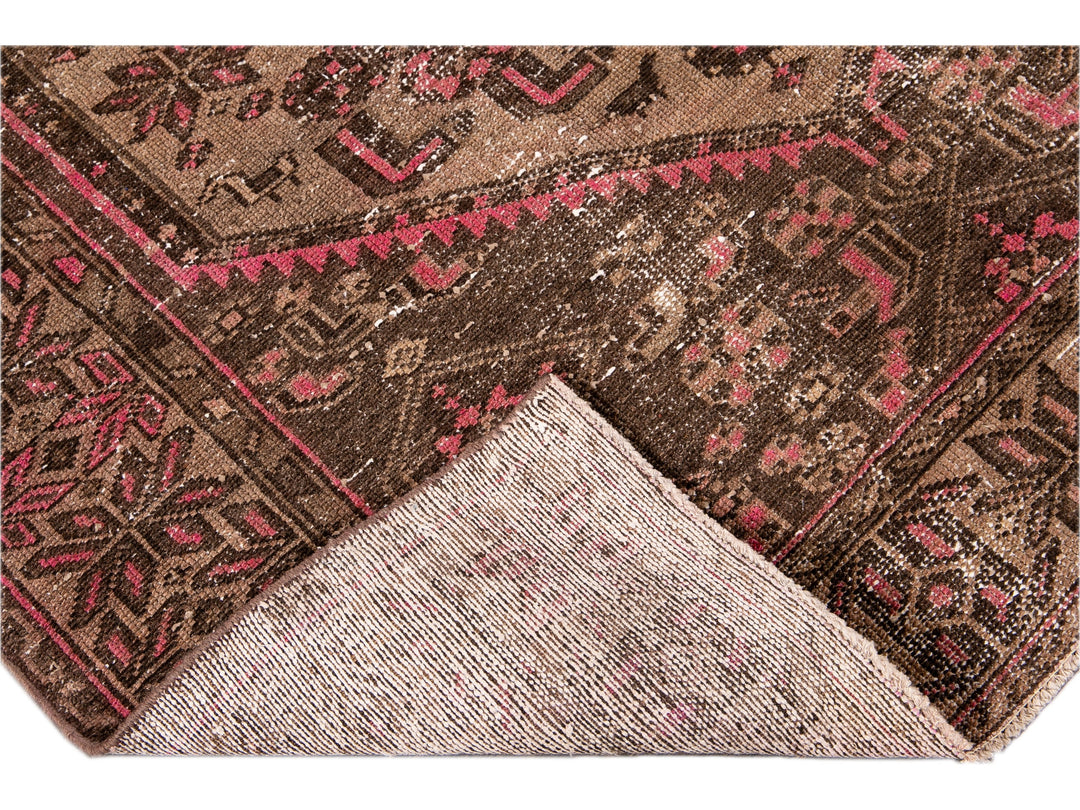 Vintage Shabby Chic Handmade Brown Geometric Wool Rug