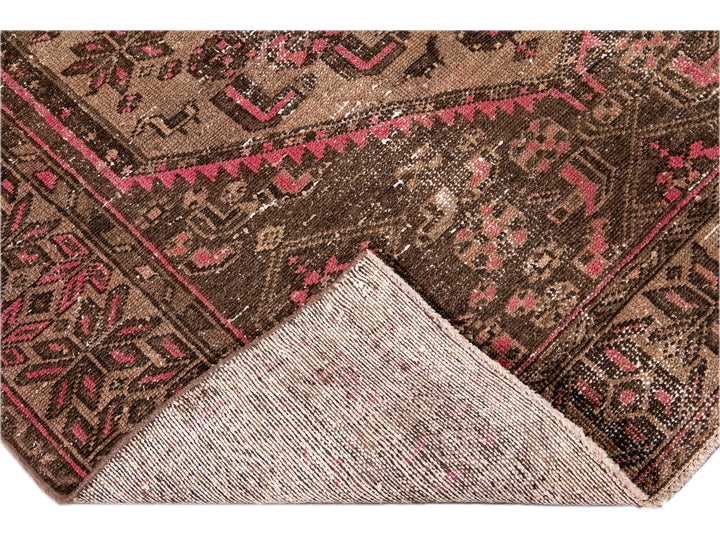 Vintage Shabby Chic Handmade Brown Geometric Wool Rug