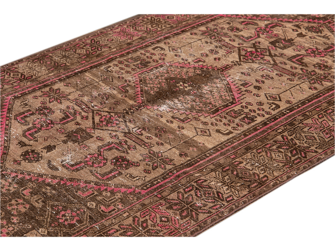 Vintage Shabby Chic Handmade Brown Geometric Wool Rug