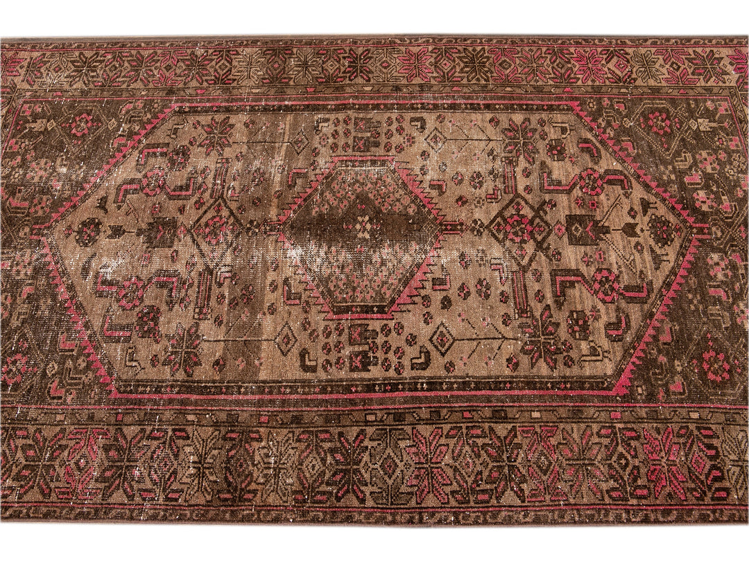 Vintage Shabby Chic Handmade Brown Geometric Wool Rug