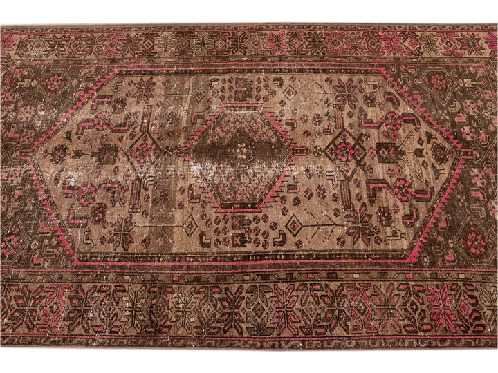 Vintage Shabby Chic Handmade Brown Geometric Wool Rug