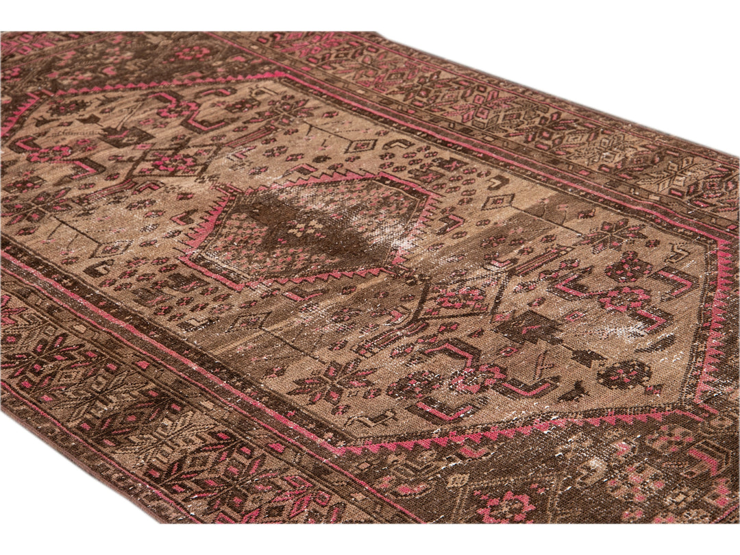 Vintage Shabby Chic Handmade Brown Geometric Wool Rug