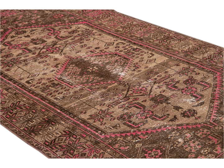 Vintage Shabby Chic Handmade Brown Geometric Wool Rug