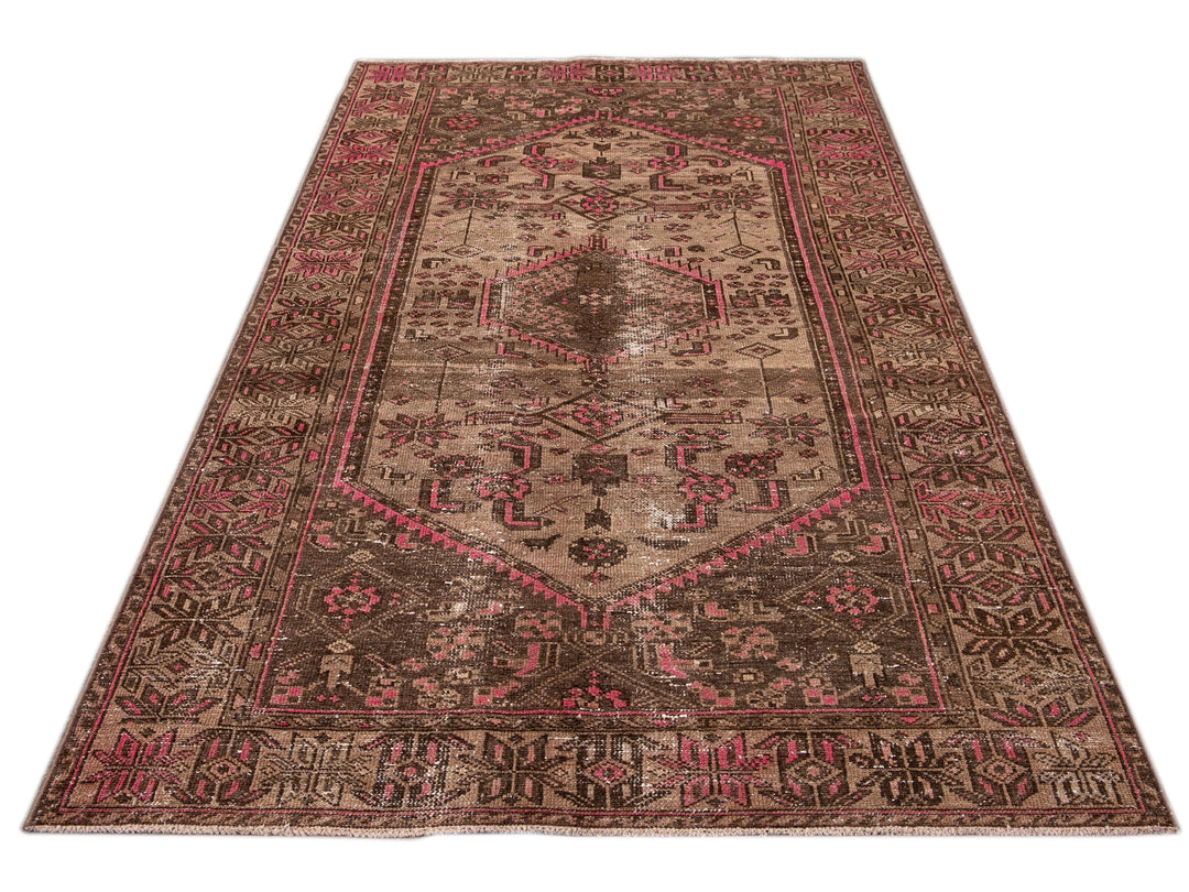 Vintage Shabby Chic Handmade Brown Geometric Wool Rug