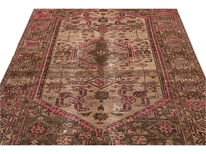 Vintage Shabby Chic Handmade Brown Geometric Wool Rug