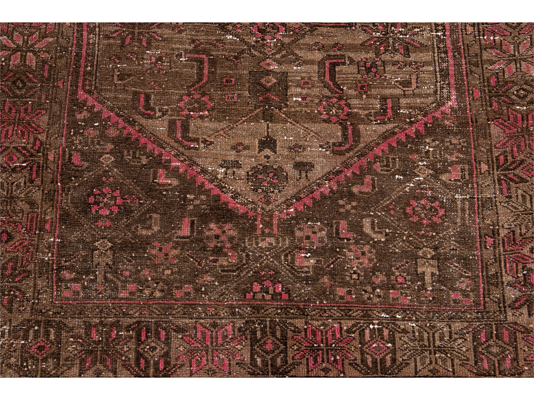 Vintage Persian Distressed Handmade Brown Wool Rug