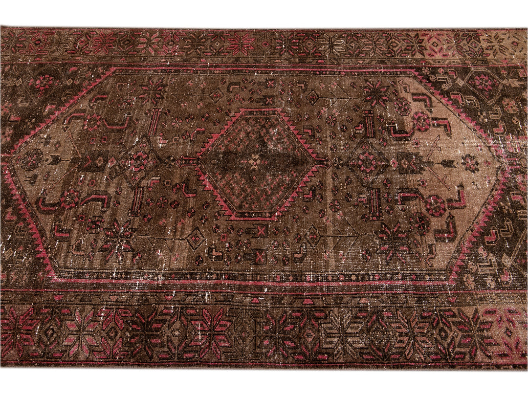 Vintage Persian Distressed Handmade Brown Wool Rug