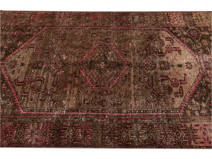 Vintage Persian Distressed Handmade Brown Wool Rug