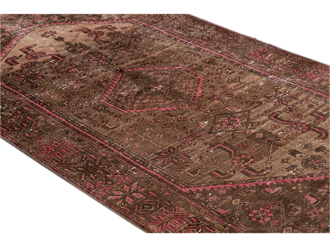 Vintage Persian Distressed Handmade Brown Wool Rug