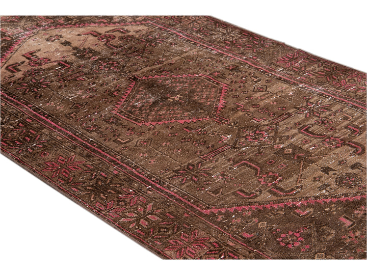 Vintage Persian Distressed Handmade Brown Wool Rug