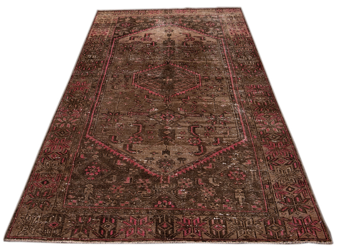 Vintage Persian Distressed Handmade Brown Wool Rug