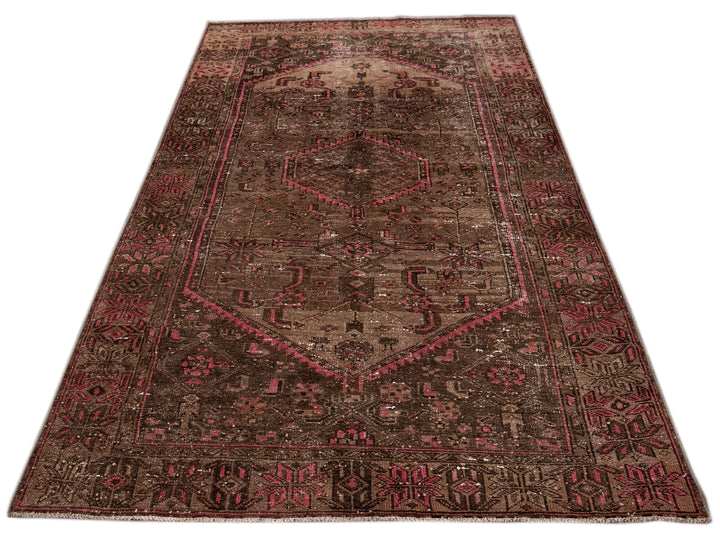 Vintage Persian Distressed Handmade Brown Wool Rug