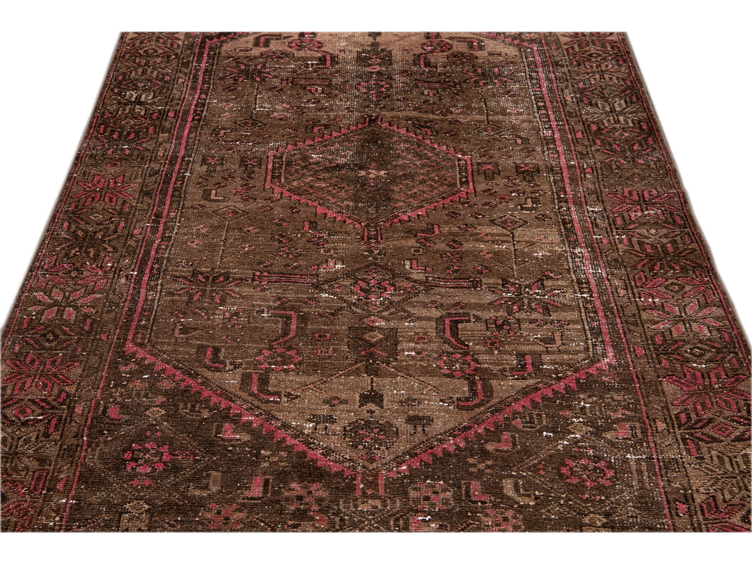 Vintage Persian Distressed Handmade Brown Wool Rug