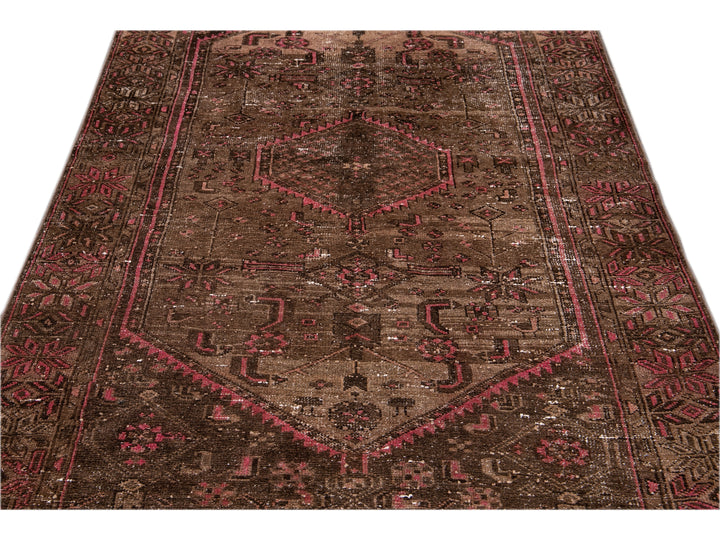 Vintage Persian Distressed Handmade Brown Wool Rug