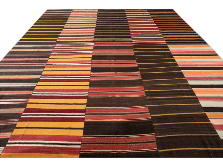 Mid-Century Striped Flatweave Wool Rug 12 X 15
