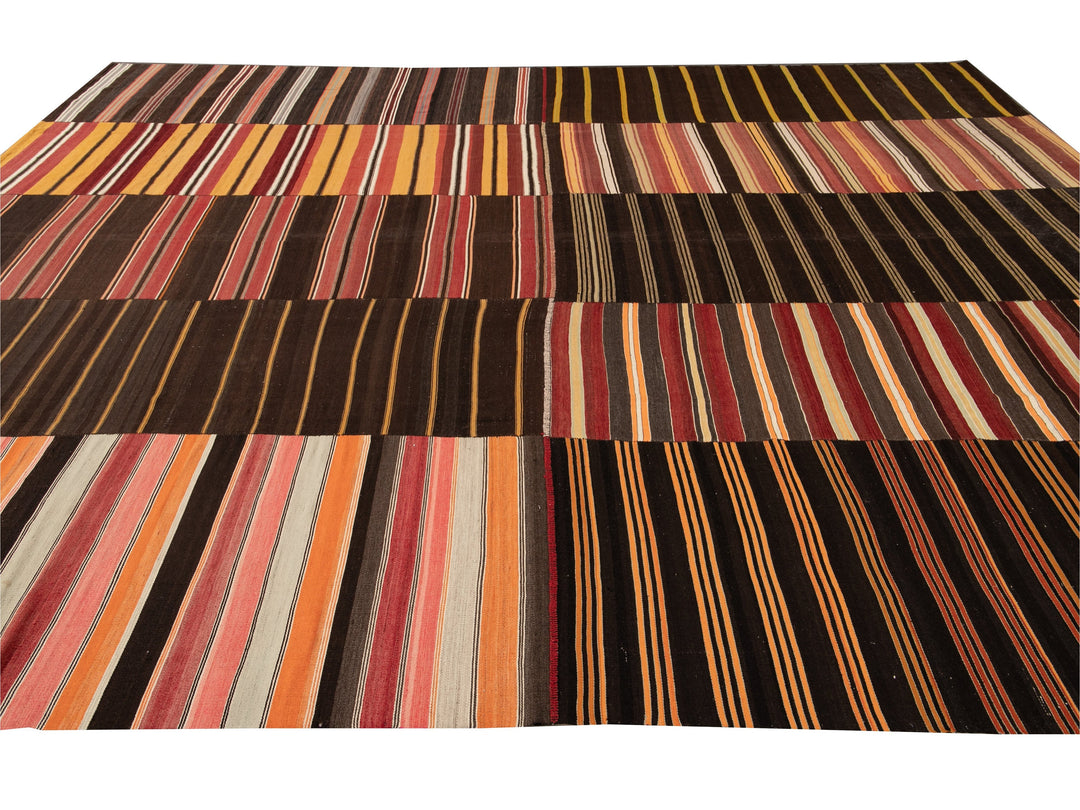 Mid-Century Striped Flatweave Wool Rug 12 X 15
