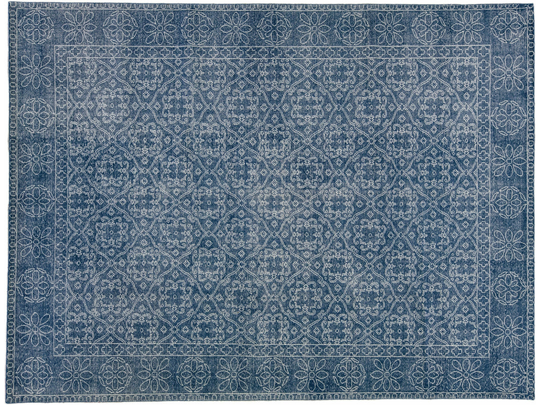Blue Mid-Century Modern Style Handmade Floral Trellis Motif Wool Rug