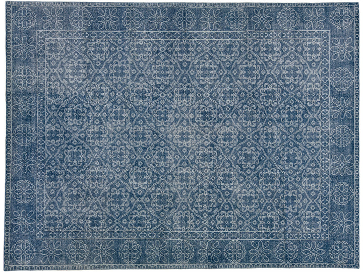 Blue Mid-Century Modern Style Handmade Floral Trellis Motif Wool Rug