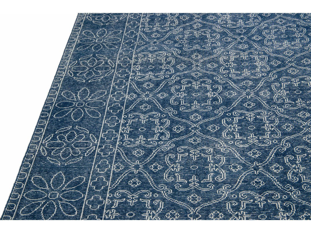 Blue Mid-Century Modern Style Handmade Floral Trellis Motif Wool Rug