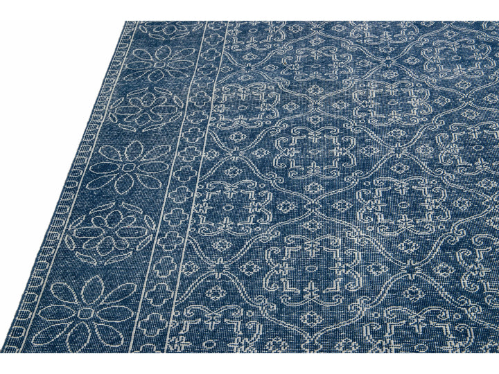 Blue Mid-Century Modern Style Handmade Floral Trellis Motif Wool Rug