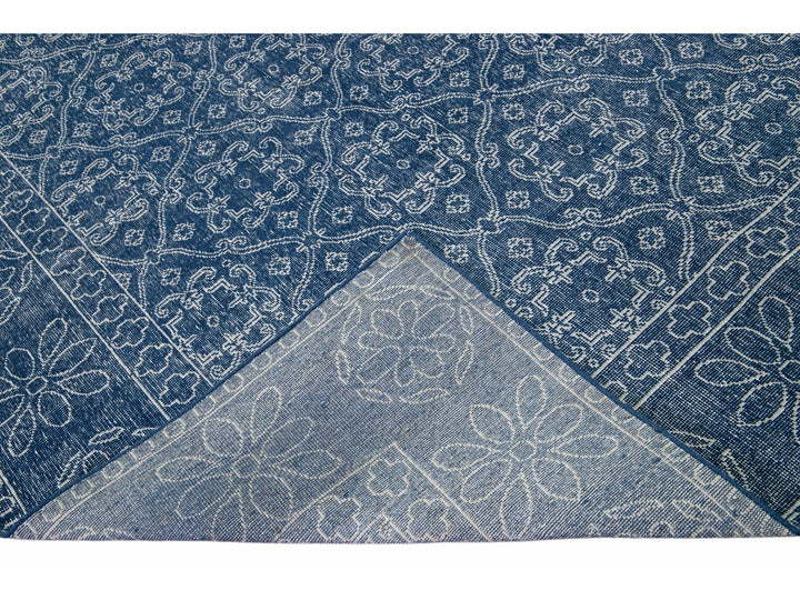 Blue Mid-Century Modern Style Handmade Floral Trellis Motif Wool Rug