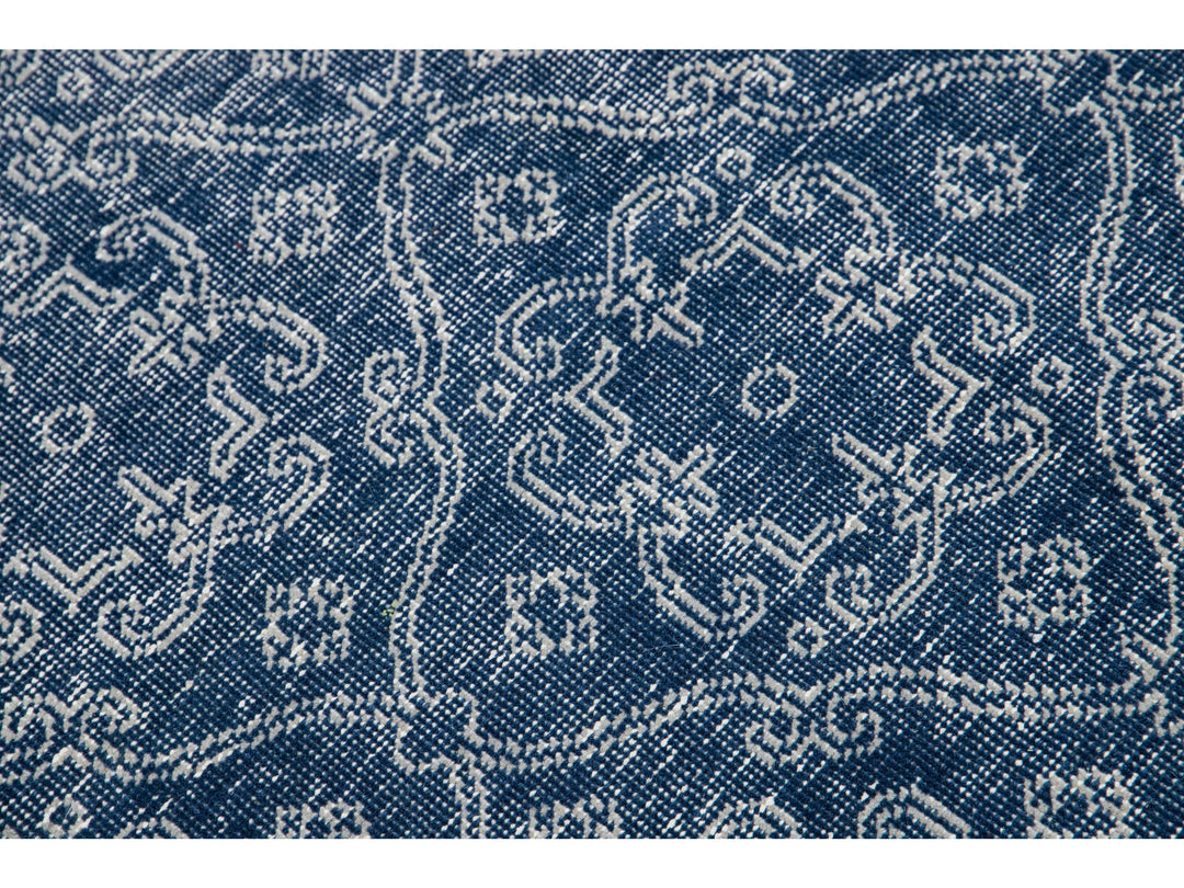 Blue Mid-Century Modern Style Handmade Floral Trellis Motif Wool Rug