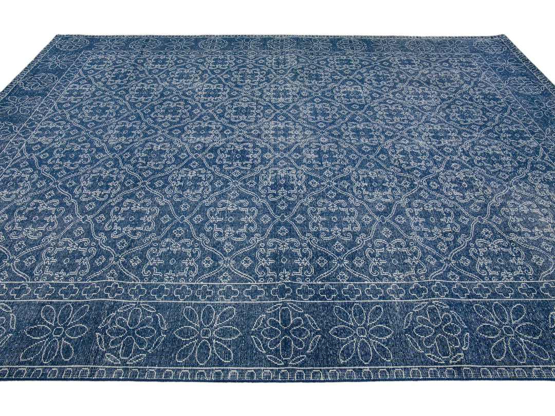 Blue Mid-Century Modern Style Handmade Floral Trellis Motif Wool Rug